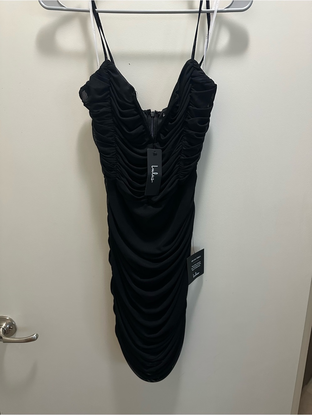 Lulu's Black Ruched Bodycon Dress with Spaghetti Straps Size M
